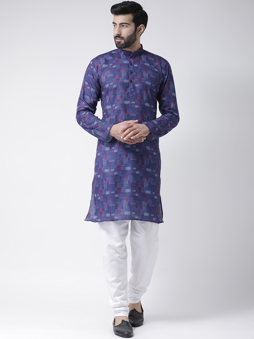 

Hangup Men Blue & White Printed Kurta with Pyjamas