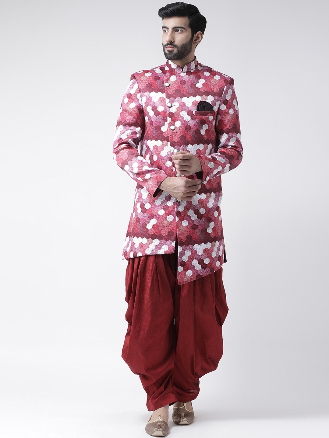 

Hangup Men Maroon & White Sherwani With Dhoti Pants