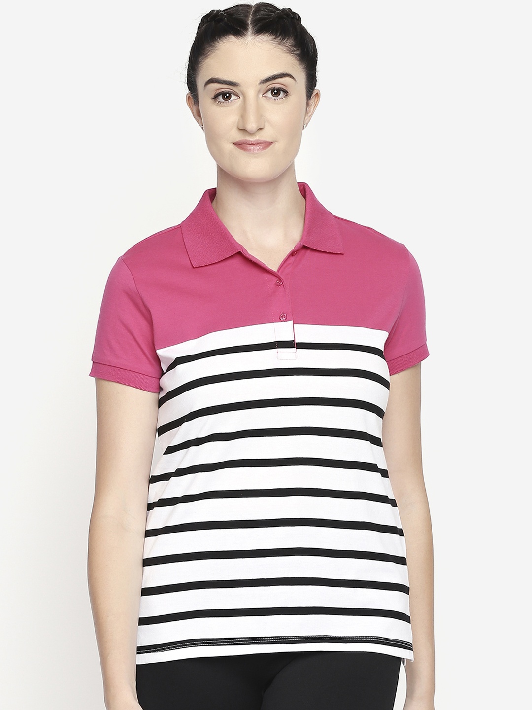 

Ajile by Pantaloons Women Pink Striped Polo Collar Pure Cotton T-shirt