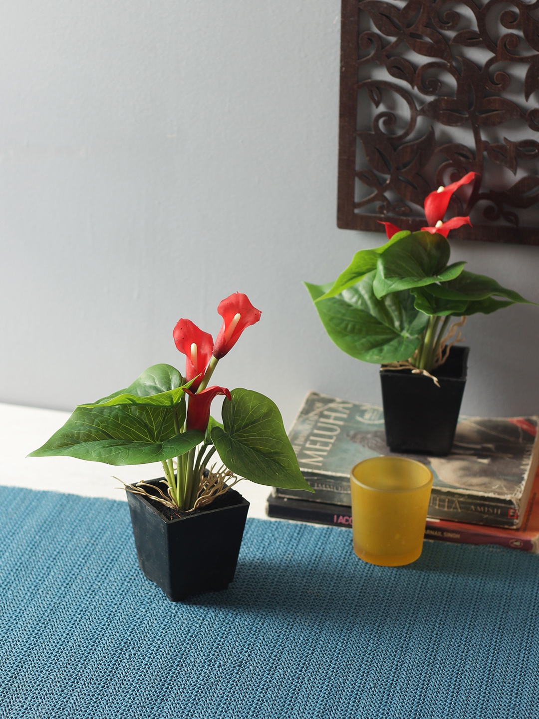 

Fourwalls Set of 2 Red & Green Artificial Calla Lily Flower Plants with Melamine Pots