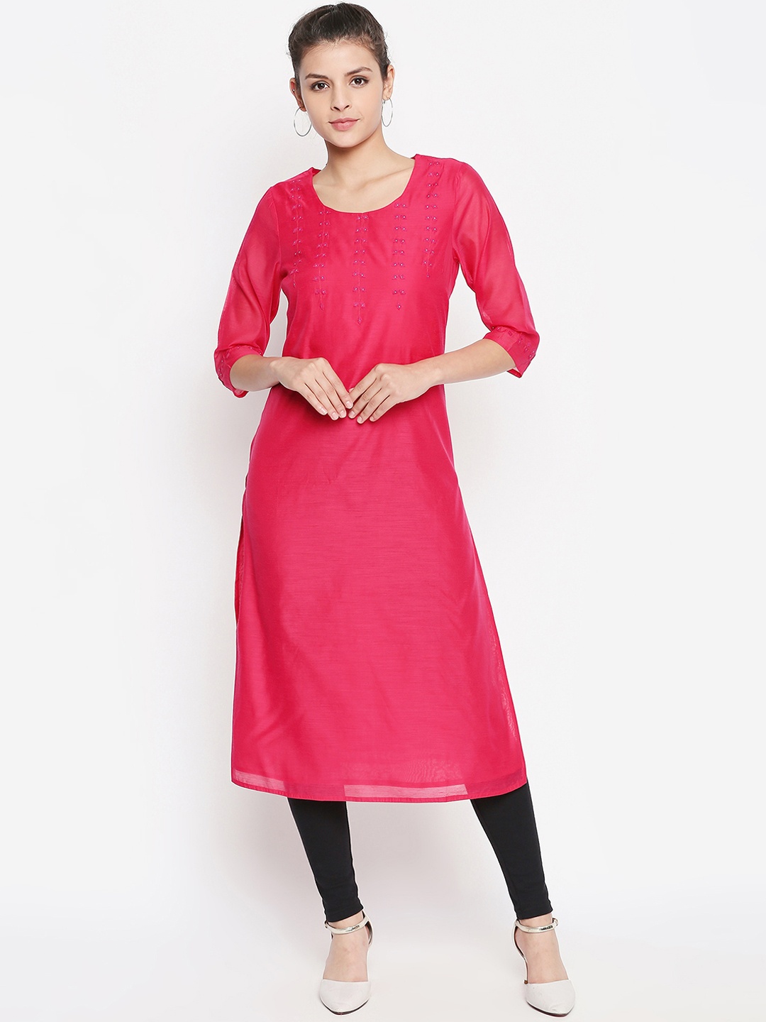 

RANGMANCH BY PANTALOONS Women Pink Embroidered Straight Kurta