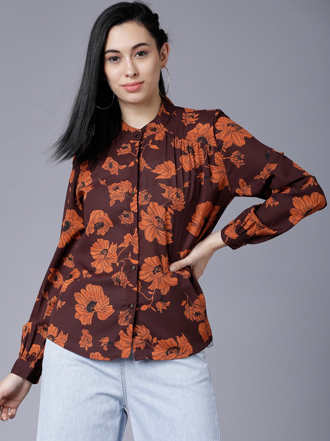 

Tokyo Talkies Women Rust Printed Shirt Style Top