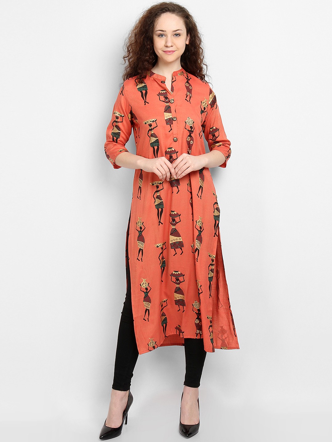 

La Bele Women Rust Orange & Black Printed Straight Kurta