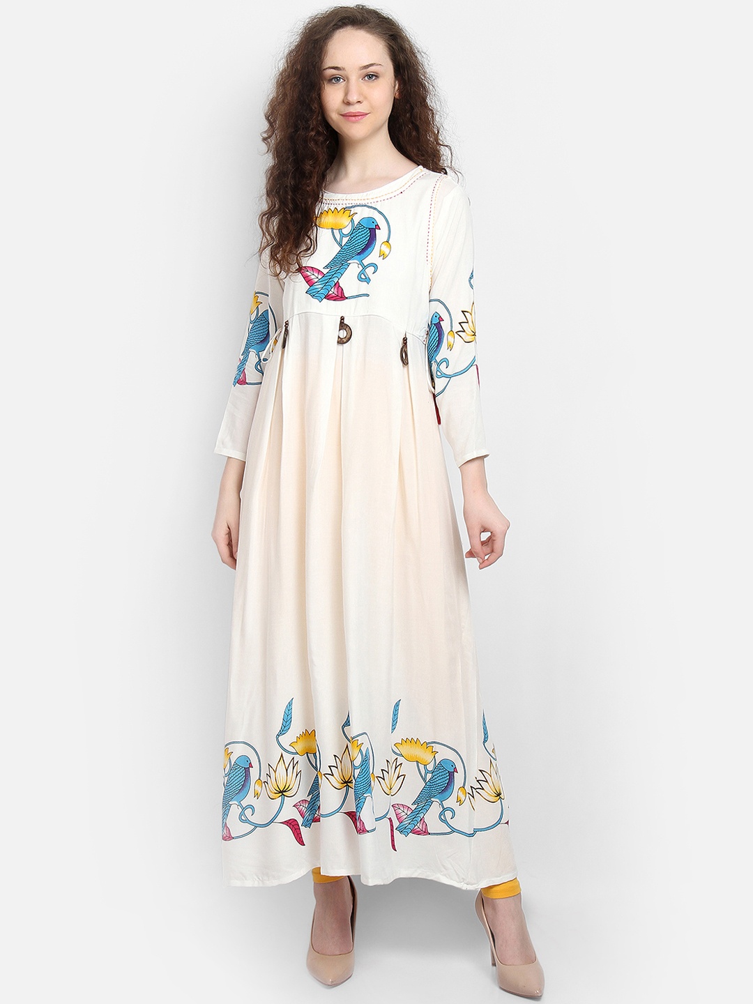 

La Bele Women Cream-Coloured & Blue Quirky print A-Line Kurta
