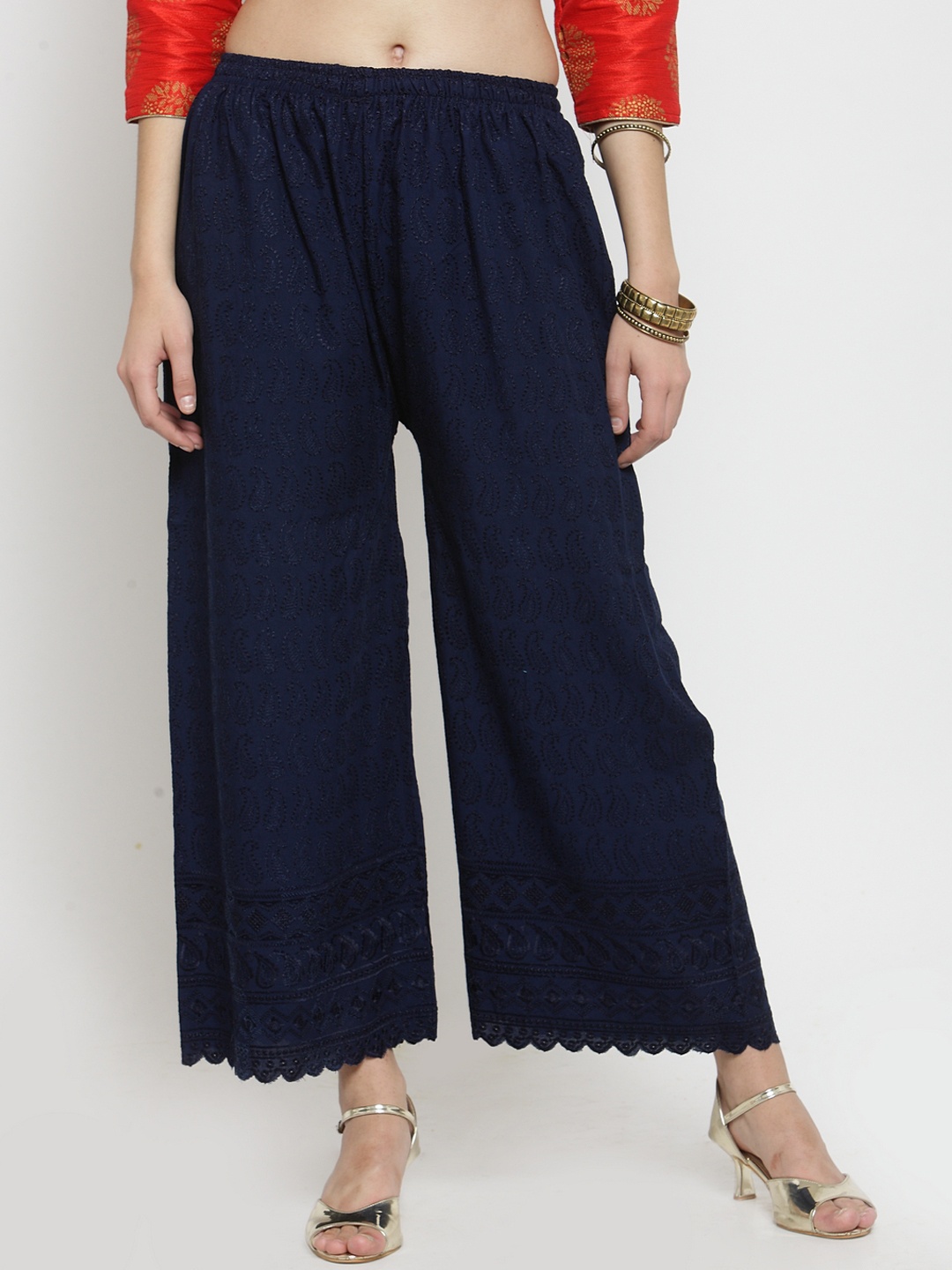 

Clora Creation Women Navy Blue Embroidered Straight Palazzos