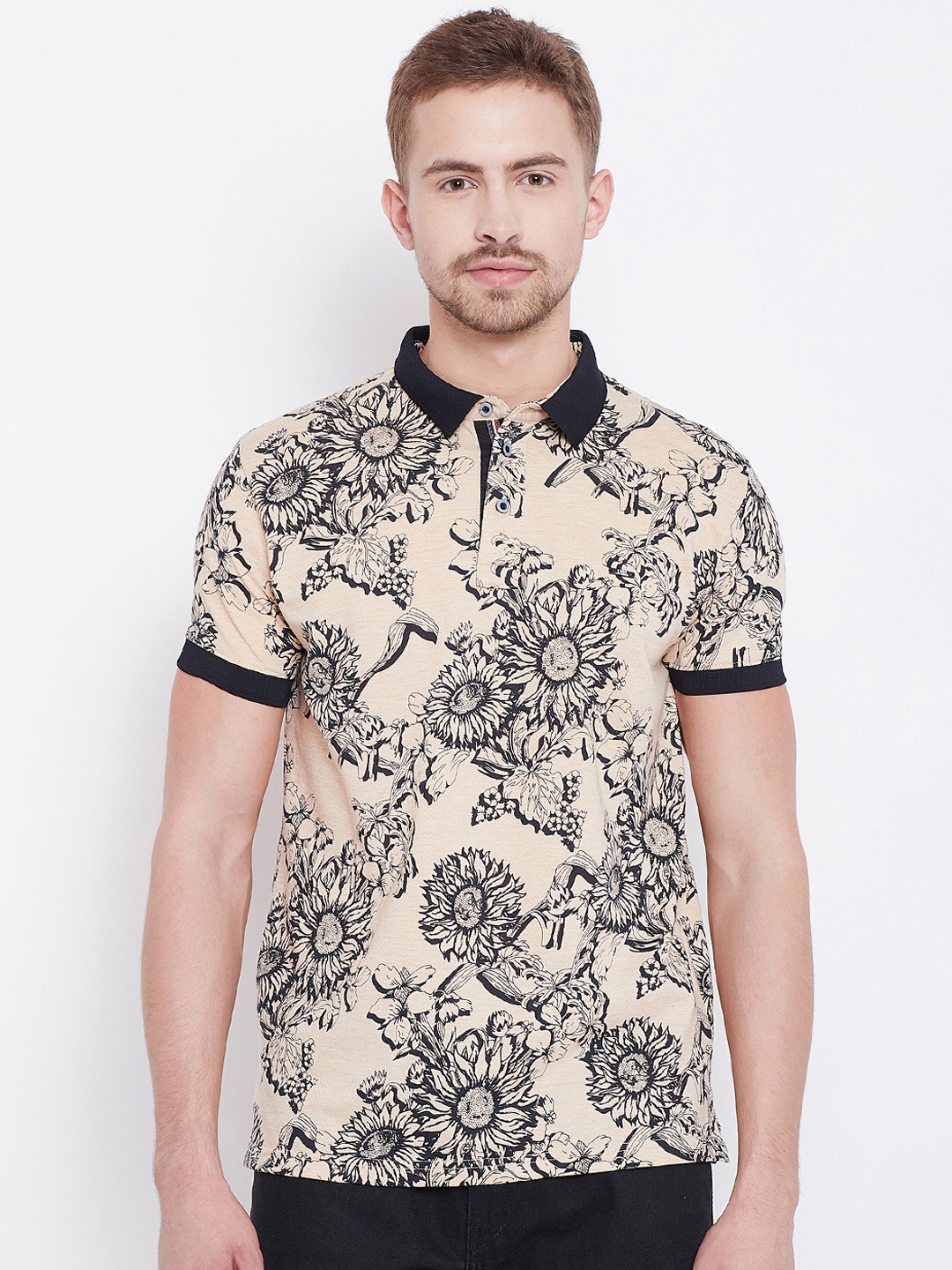 

Duke Men Beige & Black Printed Polo Collar T-shirt