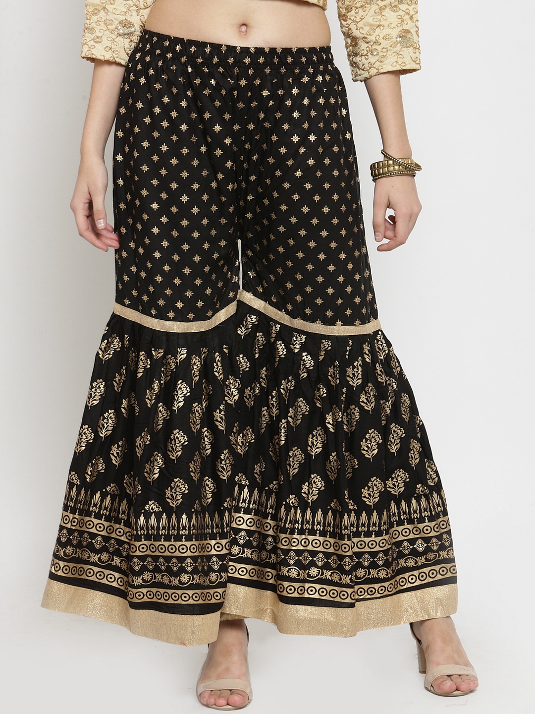 

Clora Creation Women Black & Gold-Toned Printed Wide Leg Palazzos