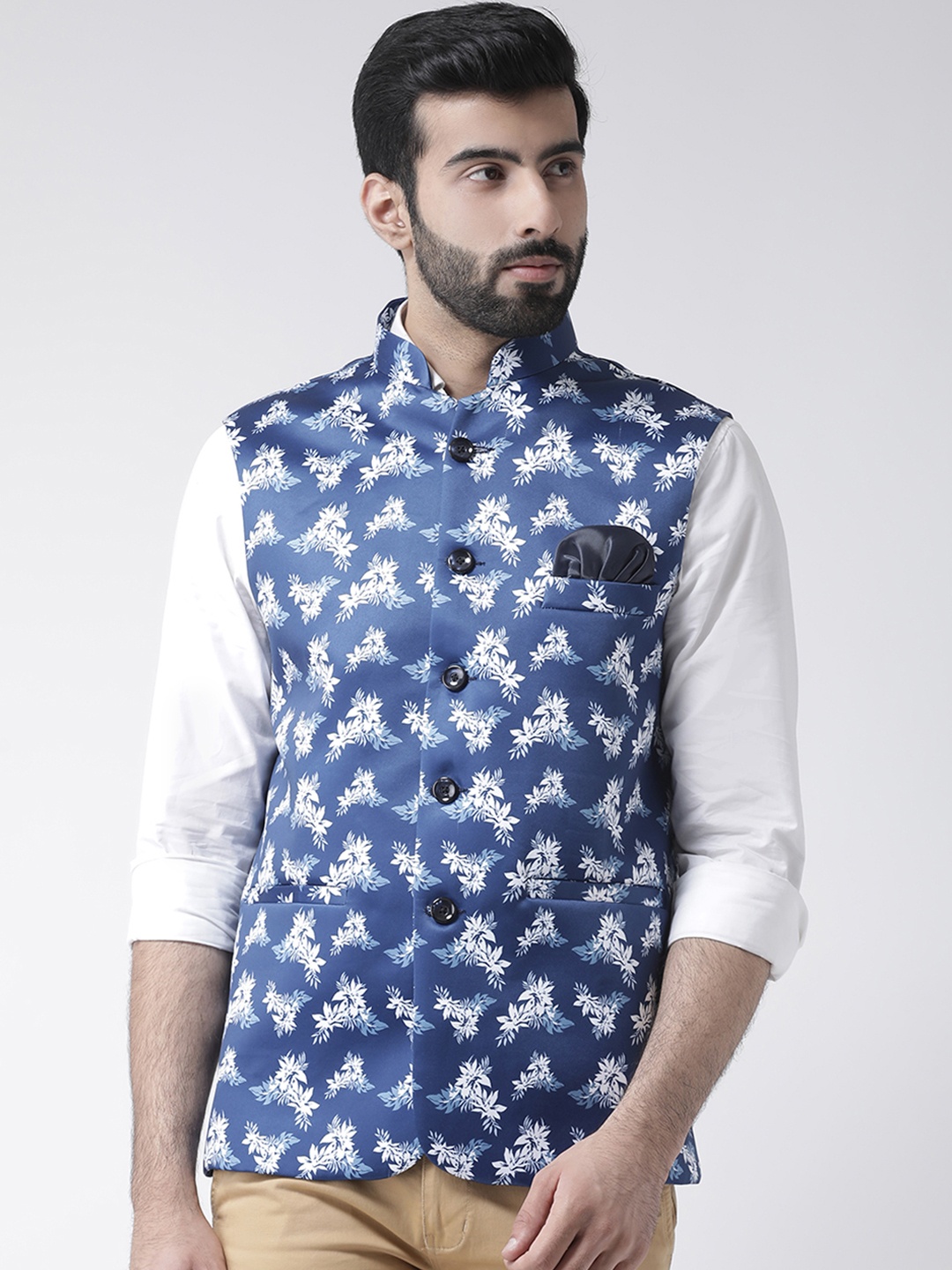 

Hangup Men Blue Printed Nehru Jacket