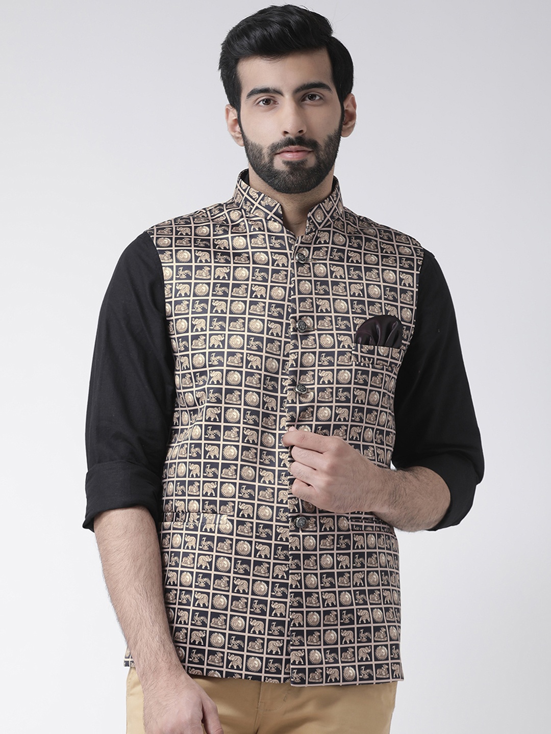 

Hangup Men Black & Beige Printed Linen Nehru Jacket