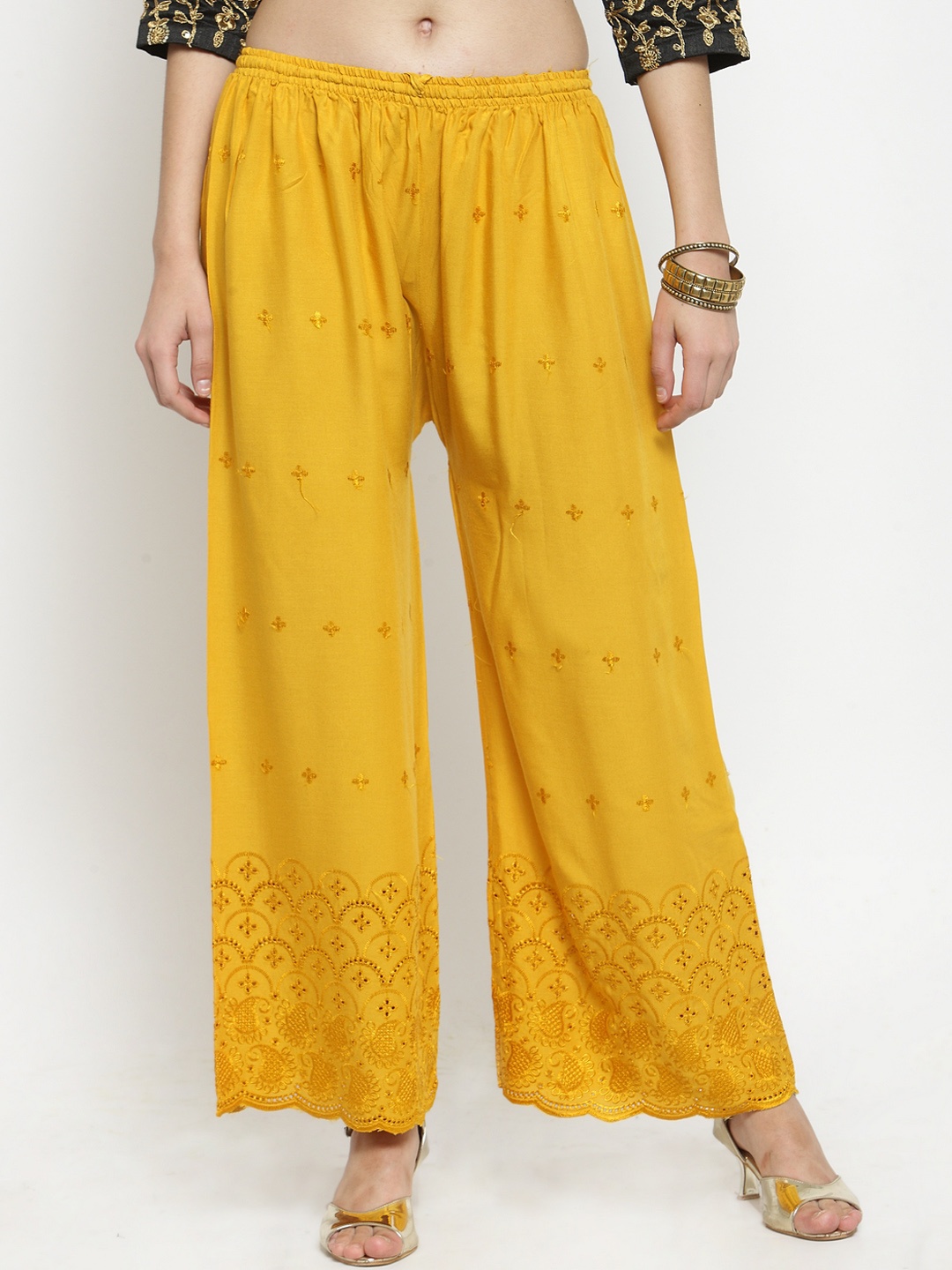 

Clora Creation Women Mustard Yellow Embroidered Straight Palazzos