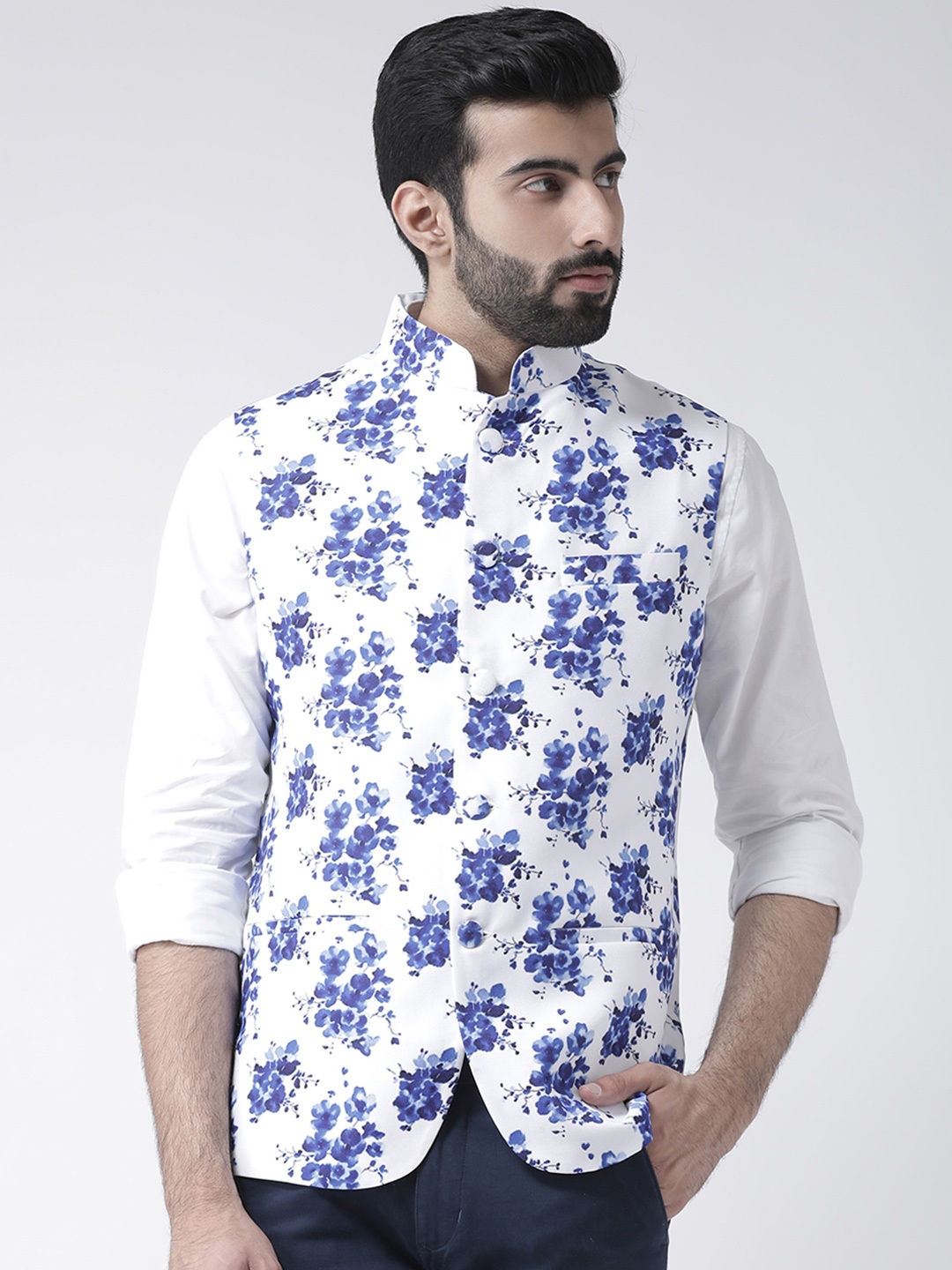 

Hangup Men White & Blue Floral Printed Nehru Jacket