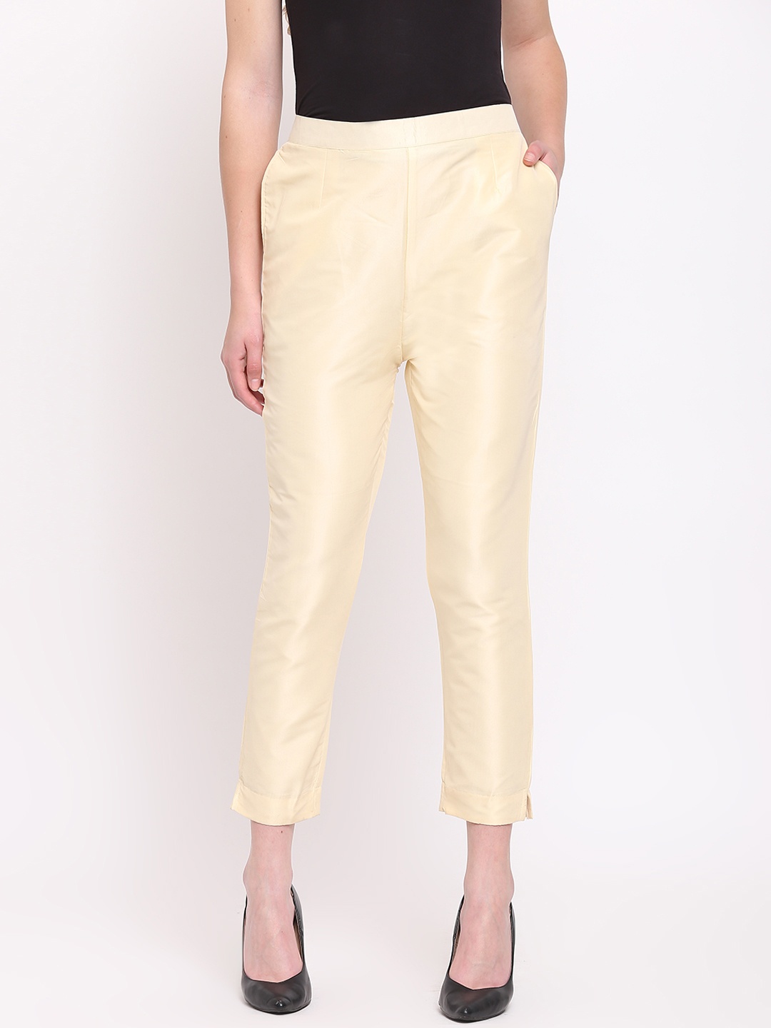 

RIVI Women Cream-Coloured Regular Fit Solid Silk Cigarette Trousers