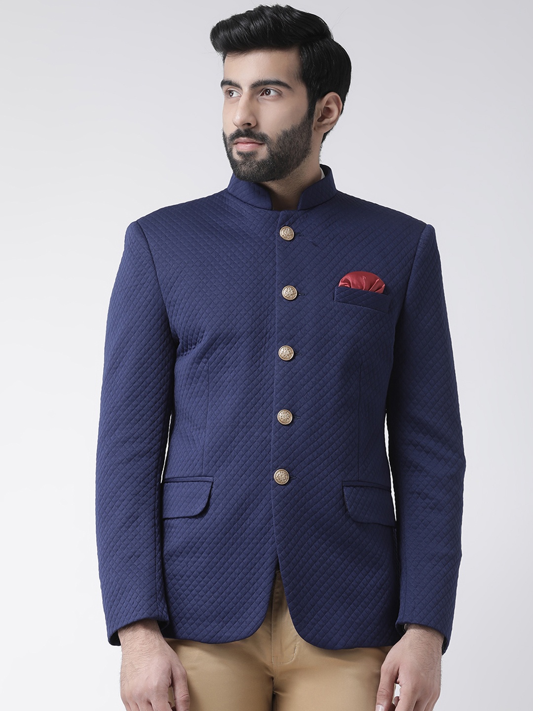 

Hangup Men Blue Self-Design Regular-Fit Bandhgala Blazer