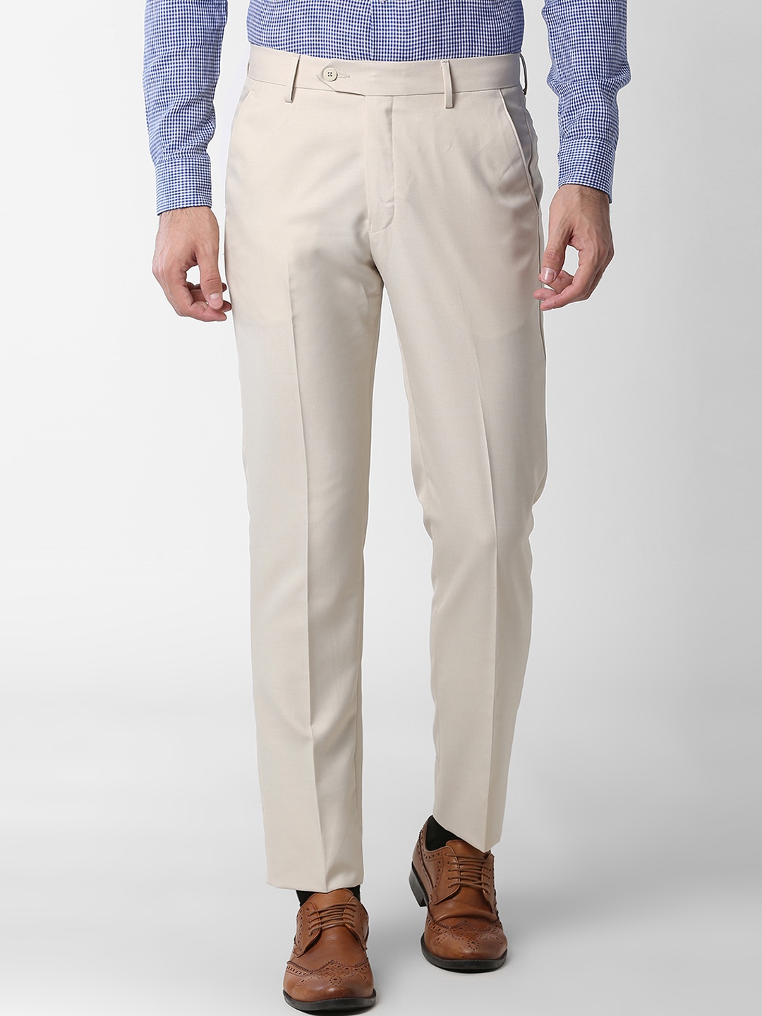 

Peter England Men Cream-Coloured Slim Fit Solid Formal Trousers