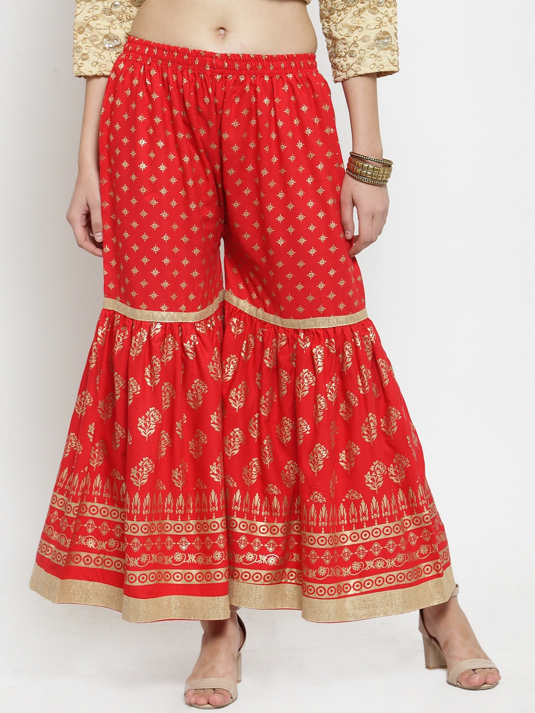 

Clora Creation Women Red & Gold-Toned Printed Wide Leg Palazzos