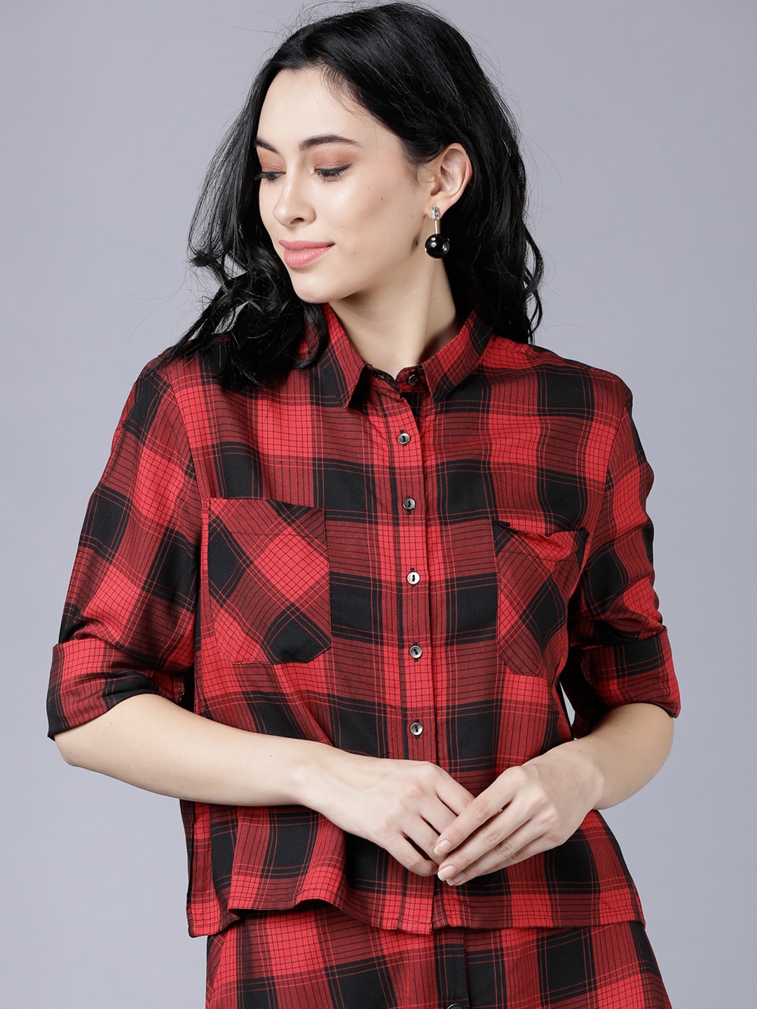 Tokyo Talkies Women Red & Black Regular Fit Checked Casual Shirt
