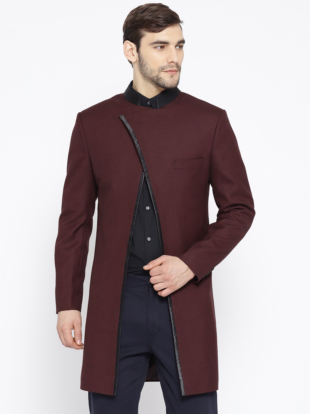 

Shaftesbury London Maroon Self Design Slim Fit Sherwani