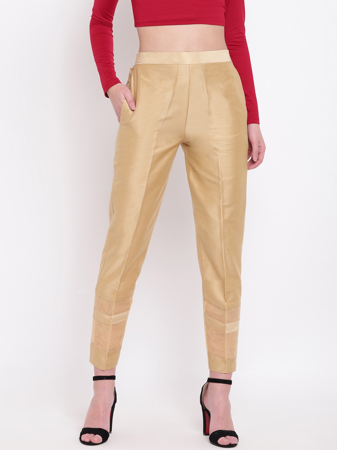 

RIVI Women Gold-Toned Regular Fit Solid Silk Cigarette Trousers
