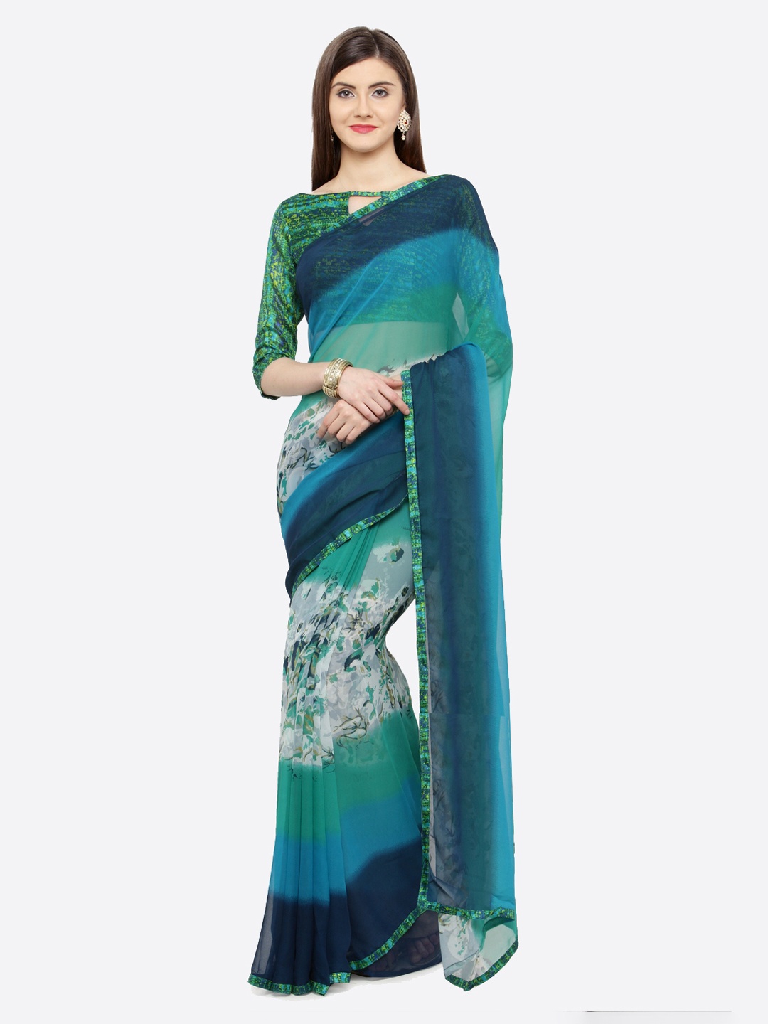 

Shaily Green & Turquoise Blue Pure Georgette Printed Saree
