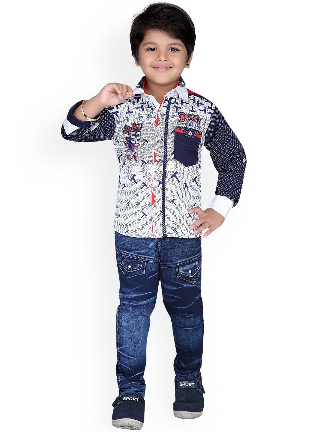 

Kidling Boys White & Blue Printed Shirt with Jeans