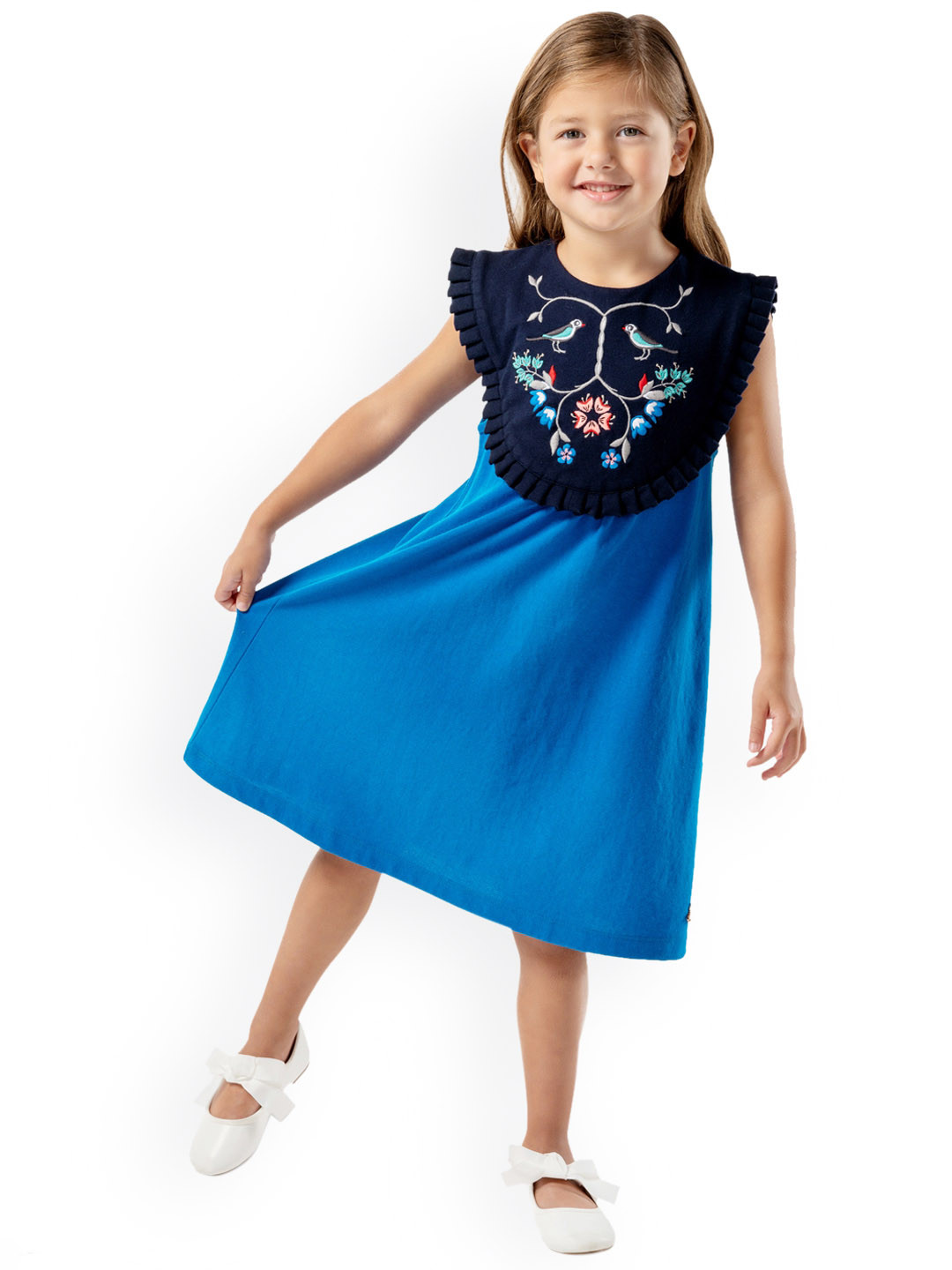 

Cherry Crumble Blue Floral Embroidered A-Line Midi Dress