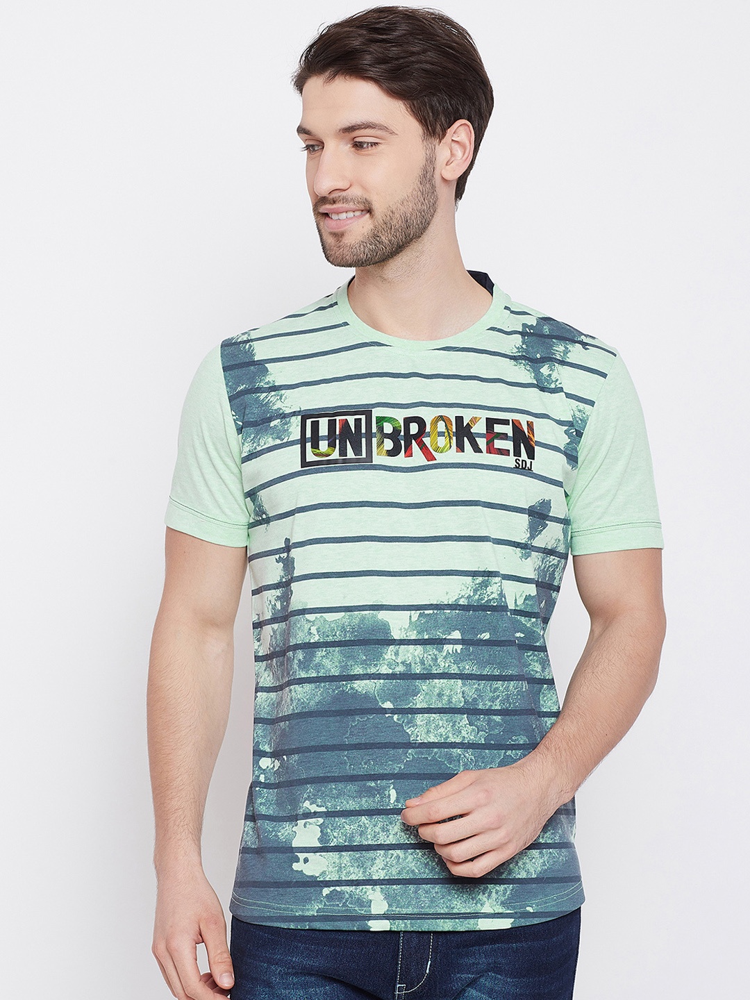 Duke Men Green Striped Round Neck T-shirt