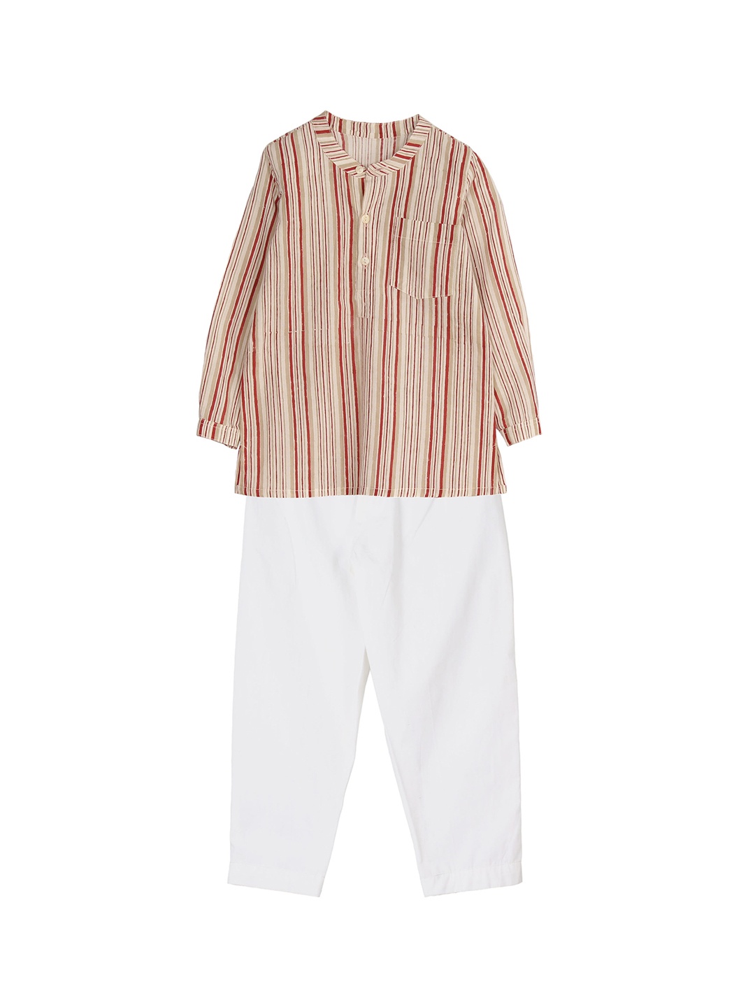 My Little Lambs Boys Beige & Red Striped Kurta with Pyjamas