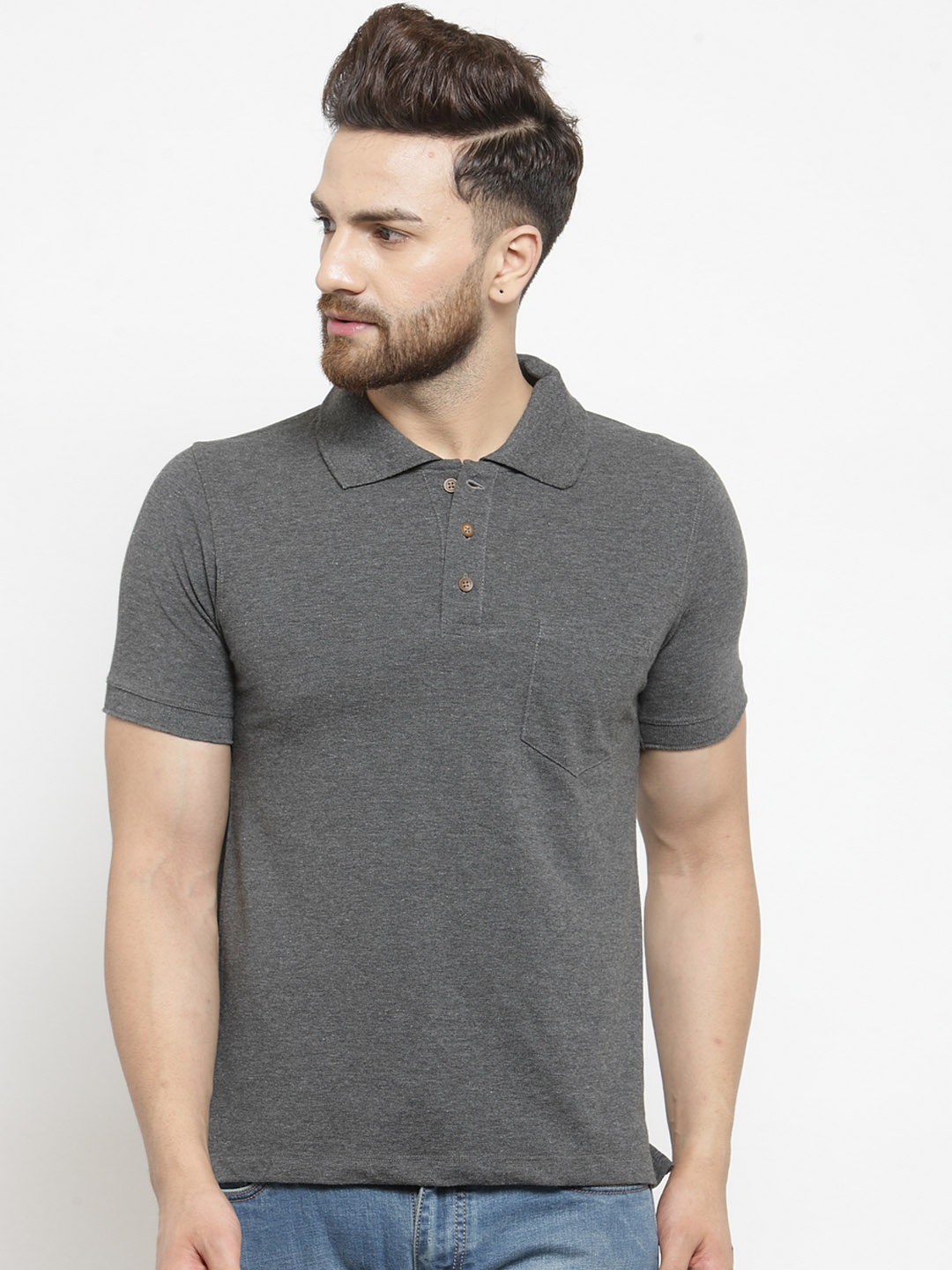 

Kalt Men Grey Melange Solid Polo Collar T-shirt