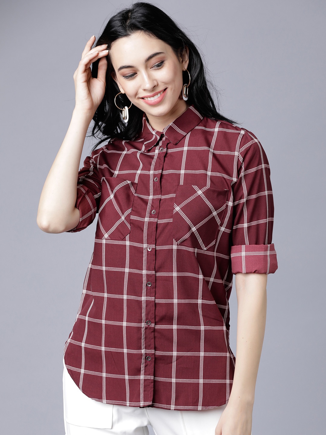 

Tokyo Talkies Women Burgundy & White Regular Fit Checked Casual Shirt