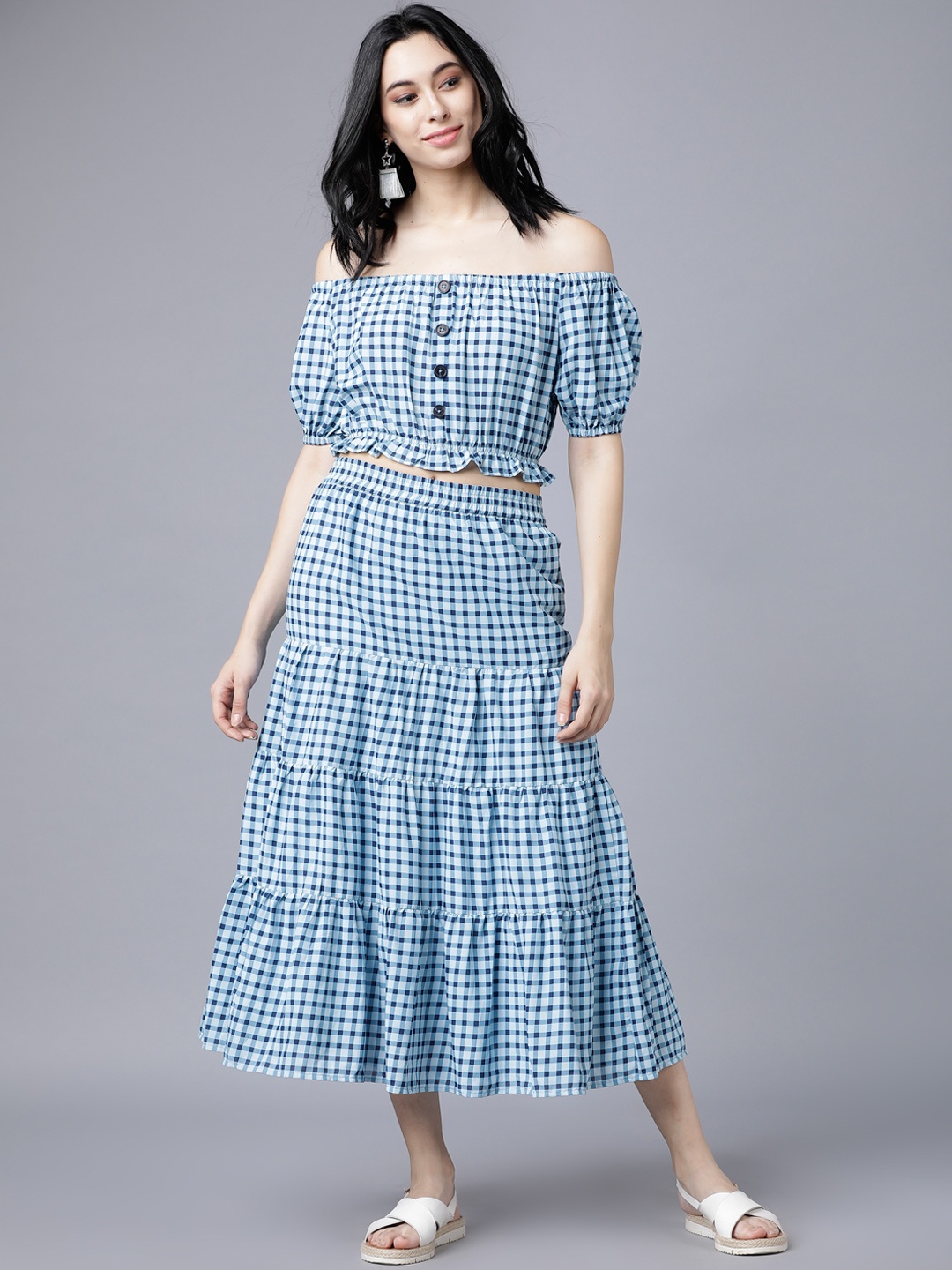 Tokyo Talkies Blue Checked Matching Two-Piece Dress