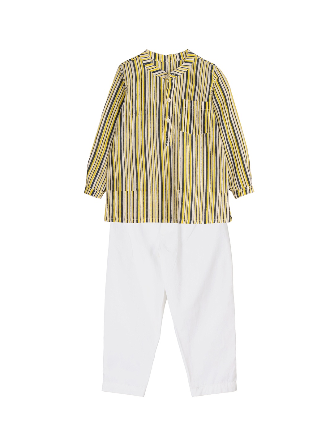 My Little Lambs Boys Beige & Navy Blue Striped Kurta with Pyjamas