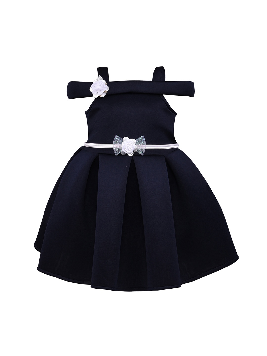 

Wish Karo Girls Navy Blue Solid Silk Fit and Flare Dress