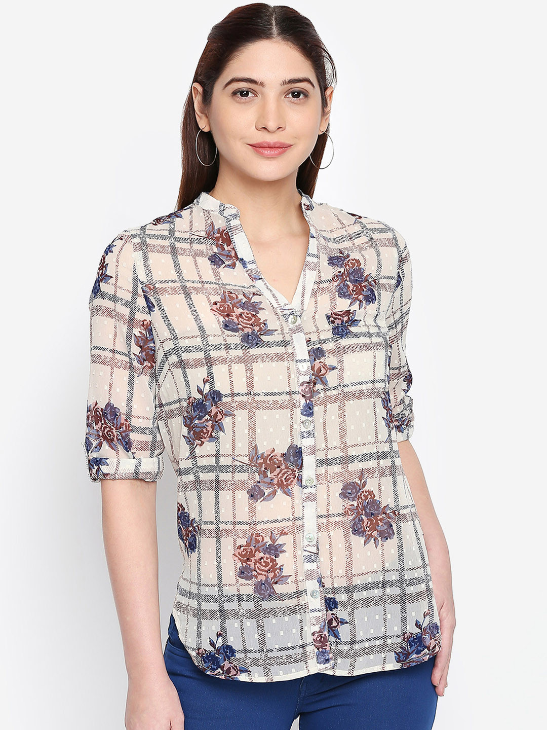 

Oxolloxo Women Coffee Brown & Off-White Regular Fit Printed Casual Shirt