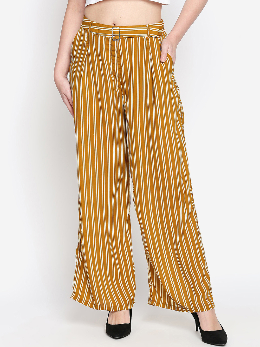 

Oxolloxo Women Mustard Yellow & Off-White Regular Fit Striped Parallel Trousers