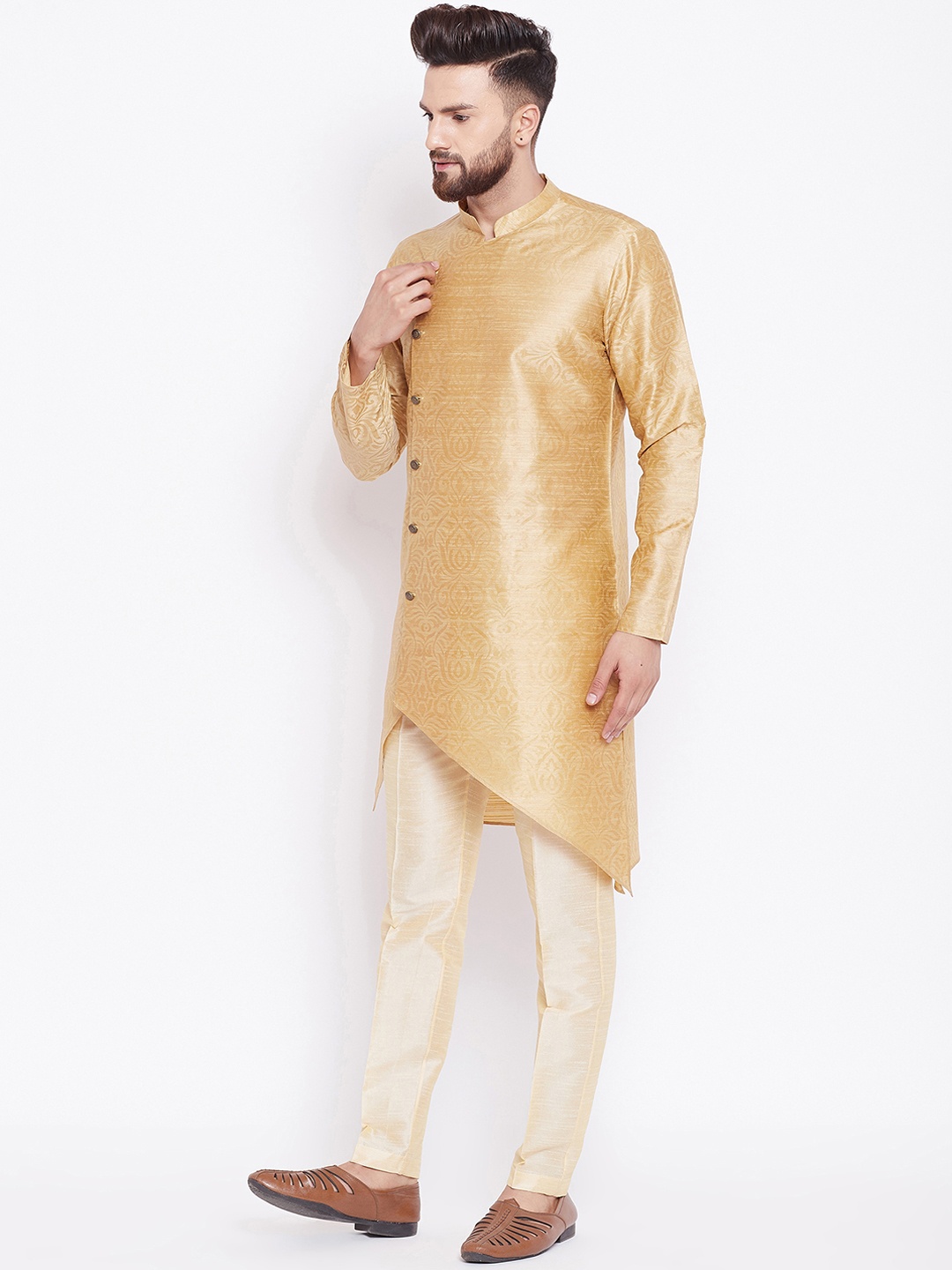 

See Designs Men Beige Printed Asymmetric Hemline Straight Kurta