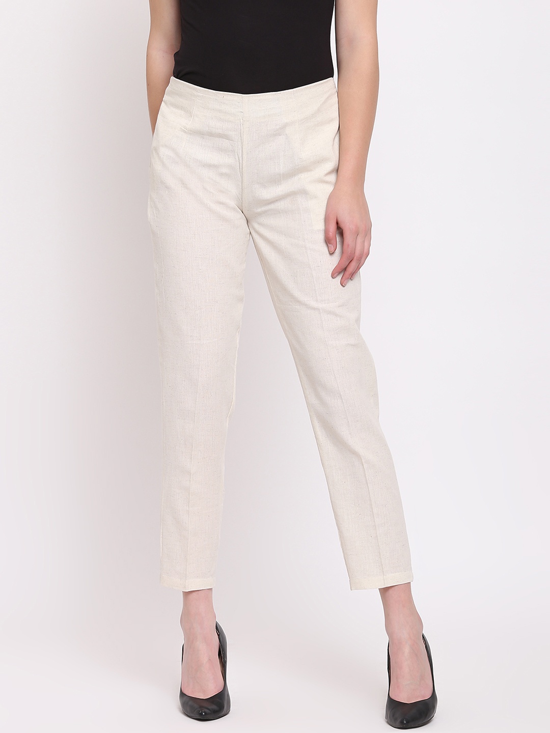 

RIVI Women Off-White Regular Fit Solid Cigarette Trousers