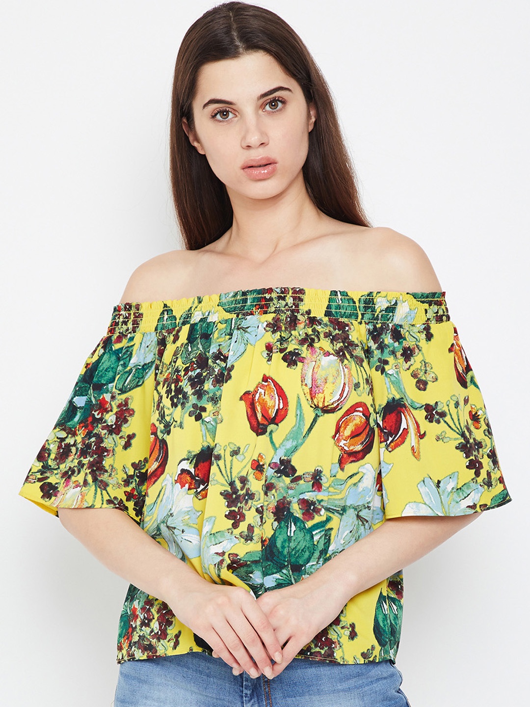 

Oxolloxo Women Yellow Printed Bardot Top