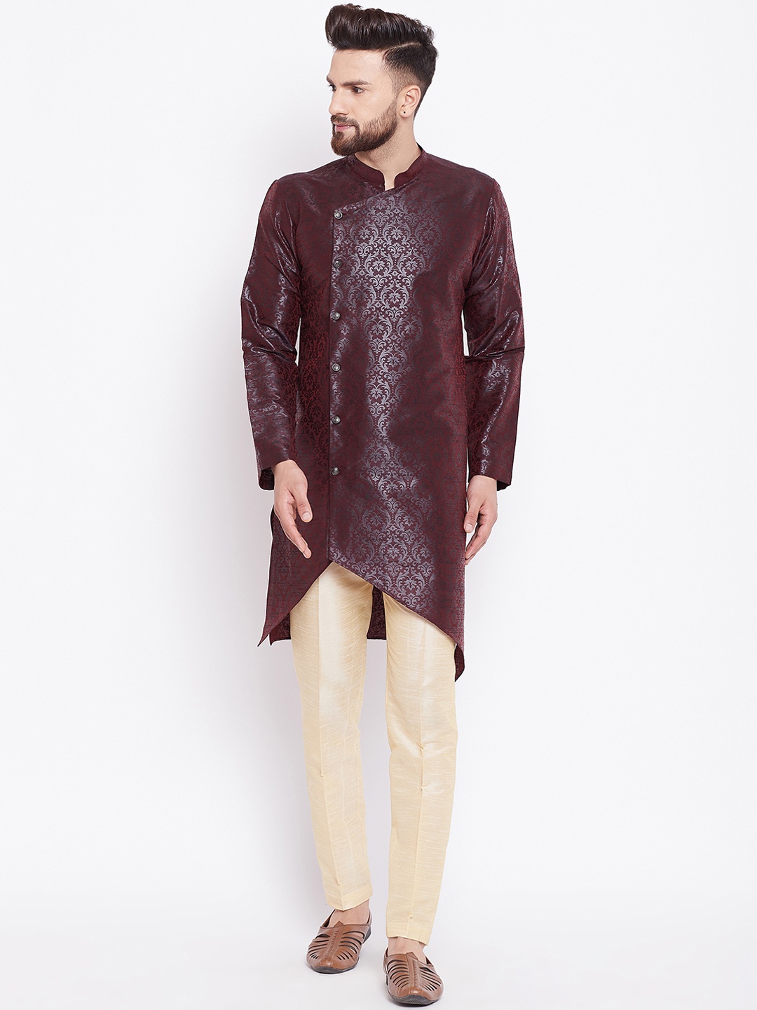 

See Designs Men Burgundy & Beige Self Design Kurta with Trousers