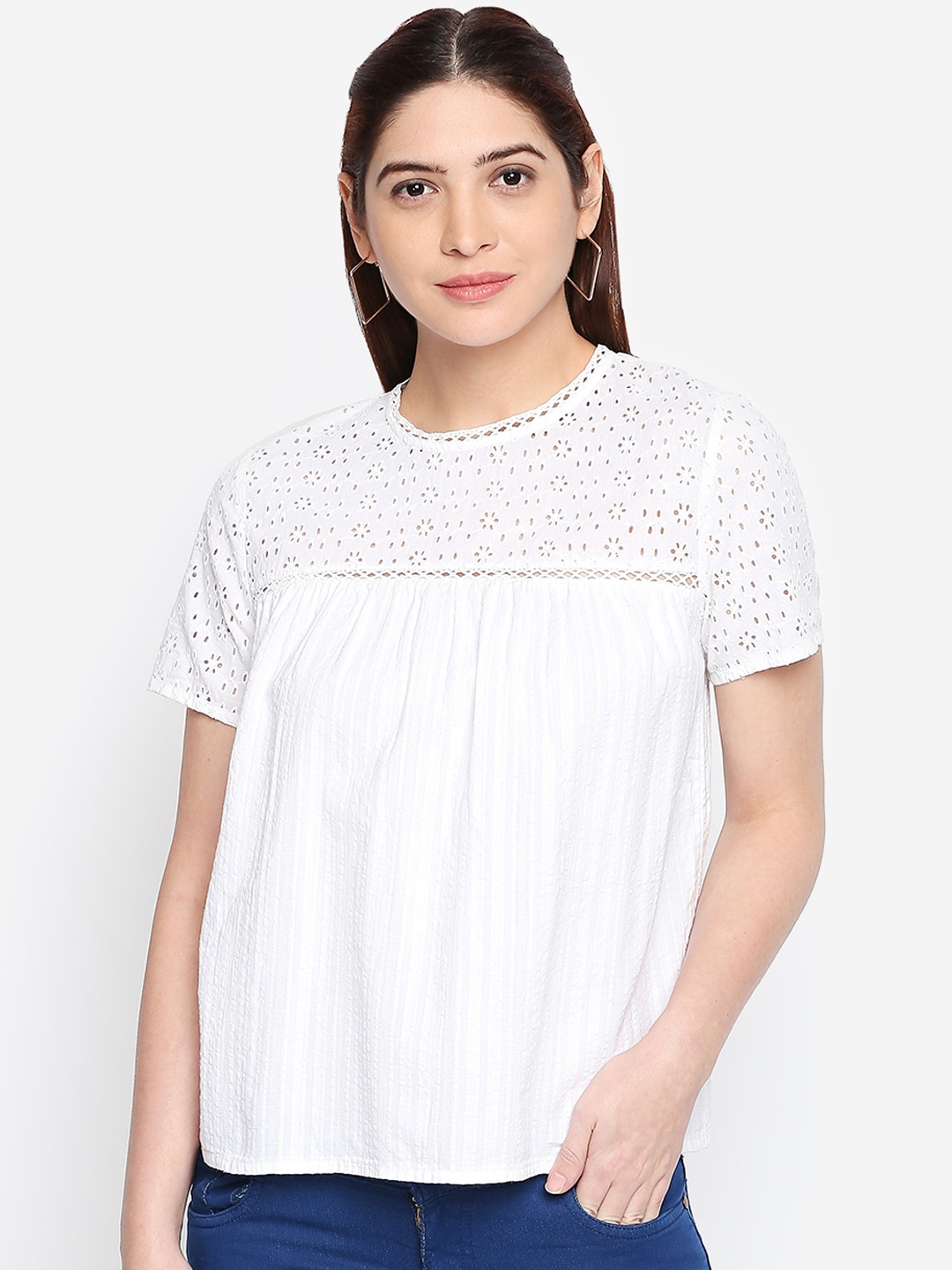 

Oxolloxo Women White Self Design A-Line Top