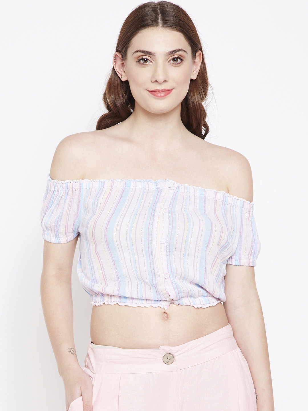 

Oxolloxo Women Multicoloured Striped Bardot Top, Multi