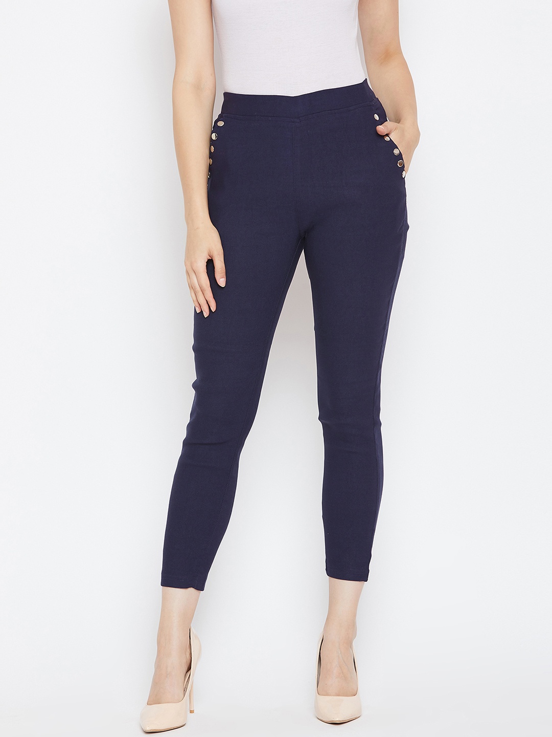 

Bitterlime Women Navy Blue Solid Slim Fit Treggings