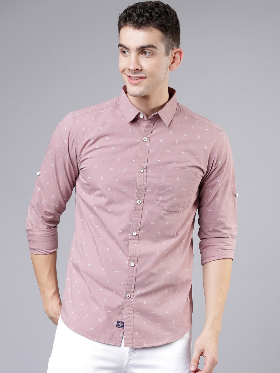 

LOCOMOTIVE Men Rose Wood-Coloured & White Slim Fit Printed Casual Shirt