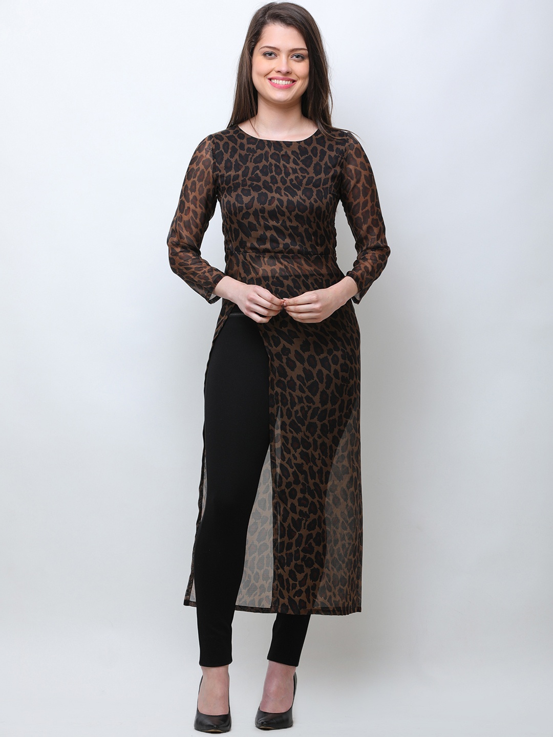 

Cation Women Black & Brown Printed Longline Top