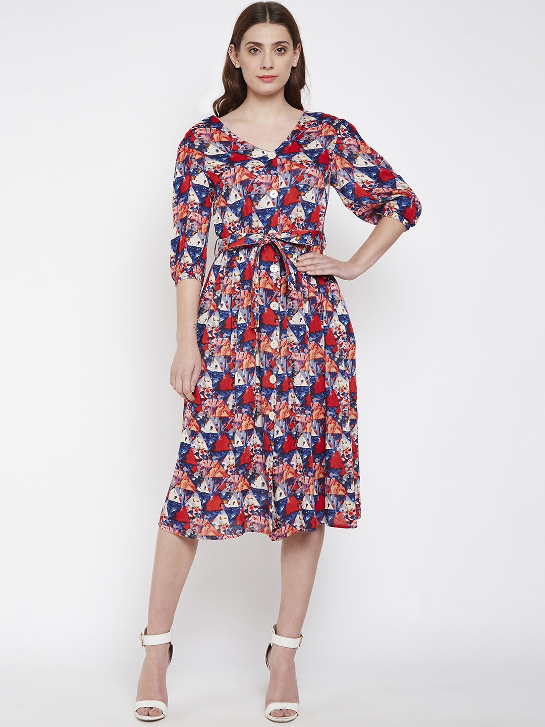 

Oxolloxo Women Multicoloured Printed Fit and Flare Dress, Multi