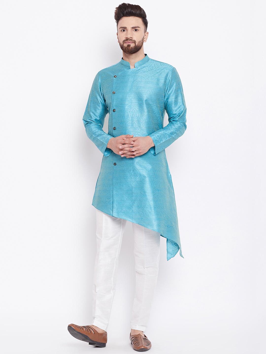 

See Designs Men Turquoise Blue & White Printed Silk Kurta with Pyjamas