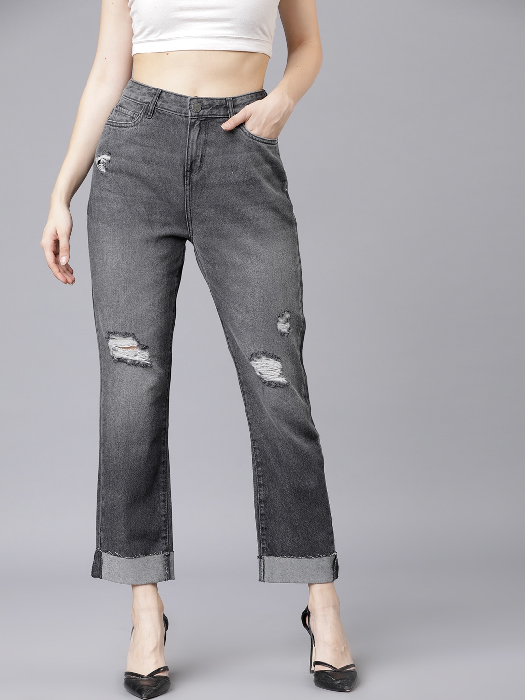 Tokyo Talkies Women Grey Boyfriend Fit Mid-Rise Mildly Distressed Jeans