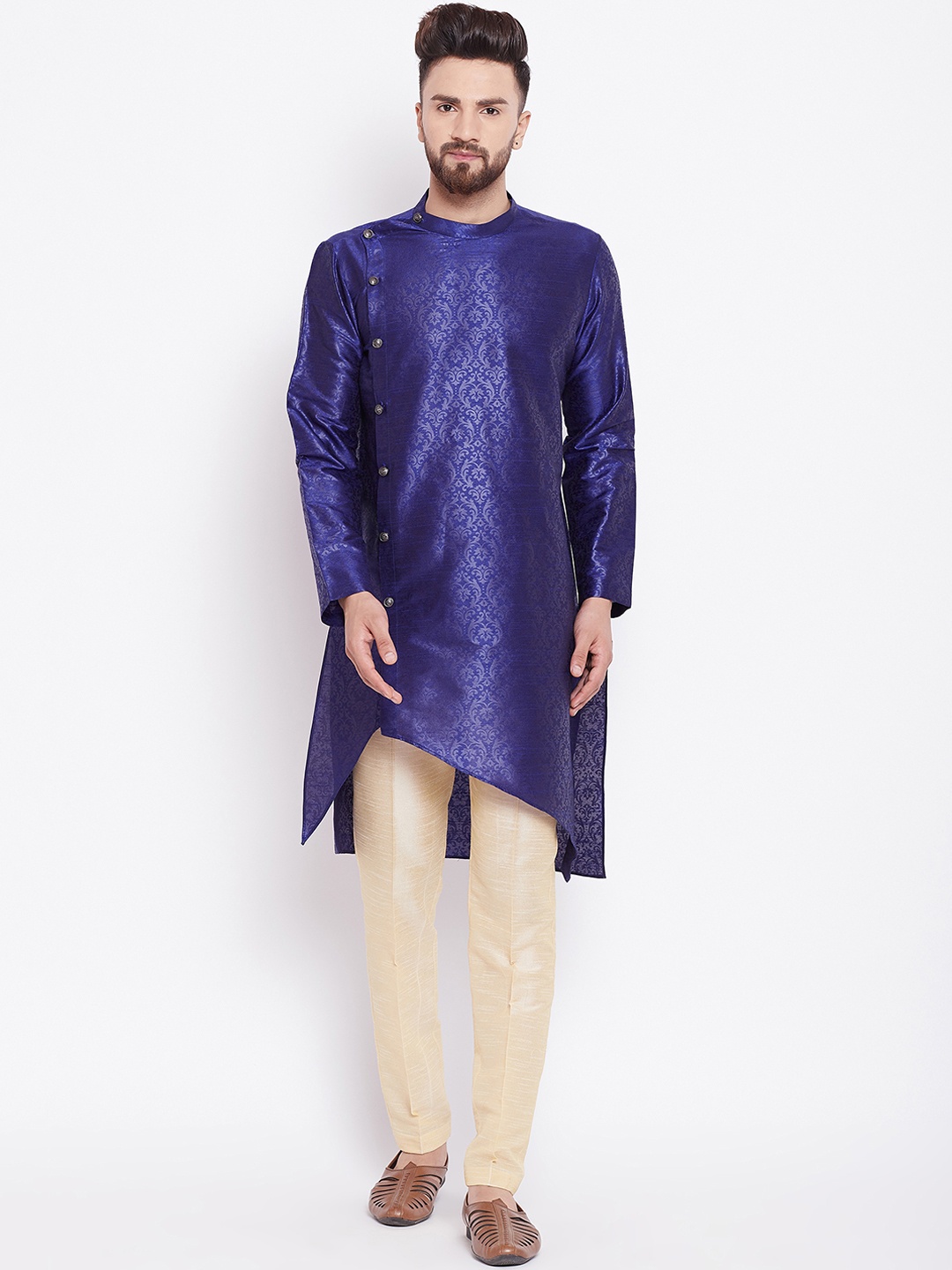 

See Designs Men Blue & Cream-Coloured Printed Silk Kurta with Pyjamas