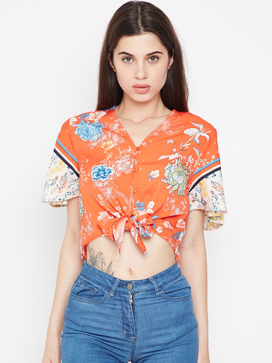 

Oxolloxo Women Orange Printed High-Low Top