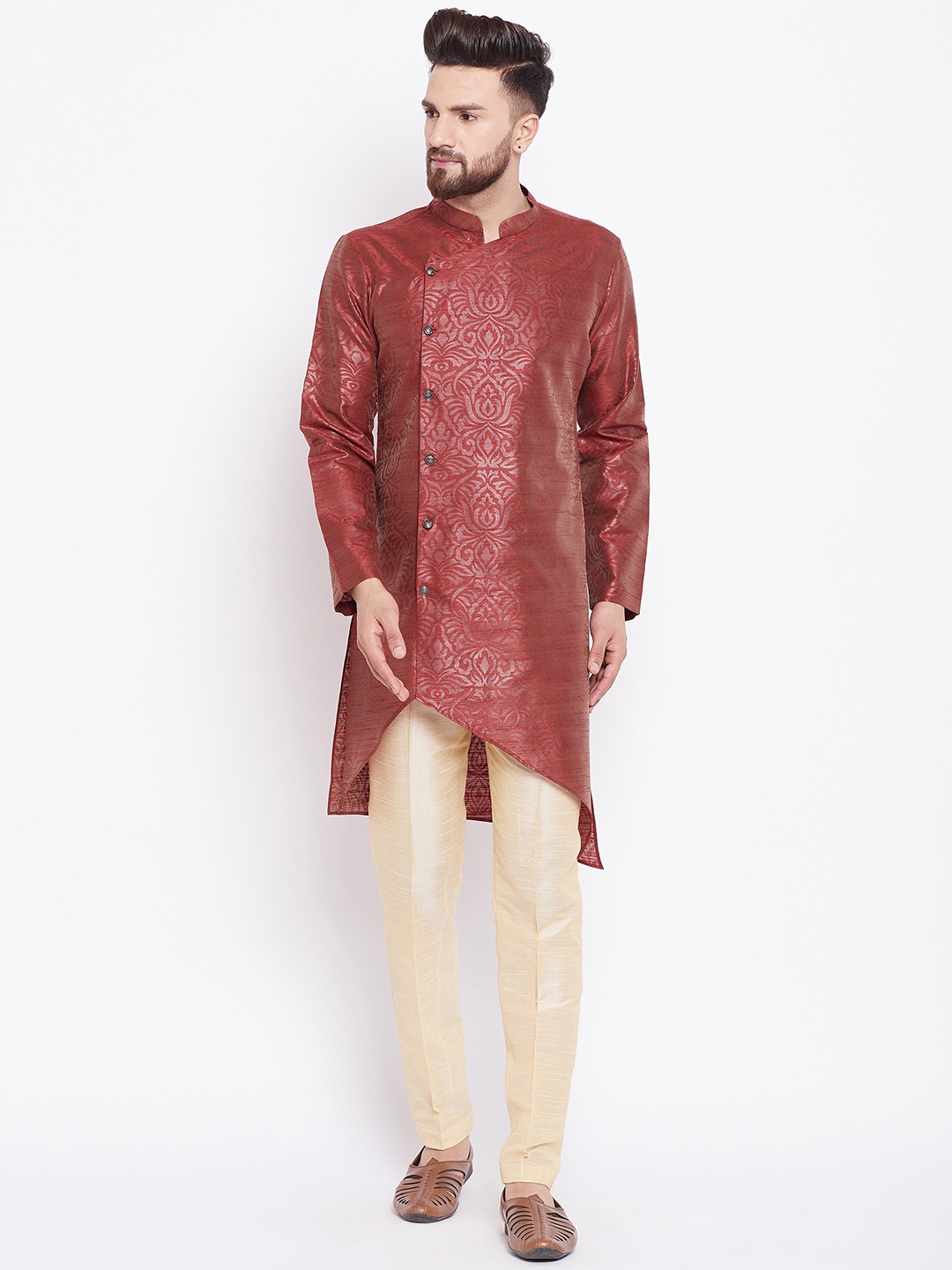 

See Designs Men Burgundy Printed Asymmetric Straight Kurta