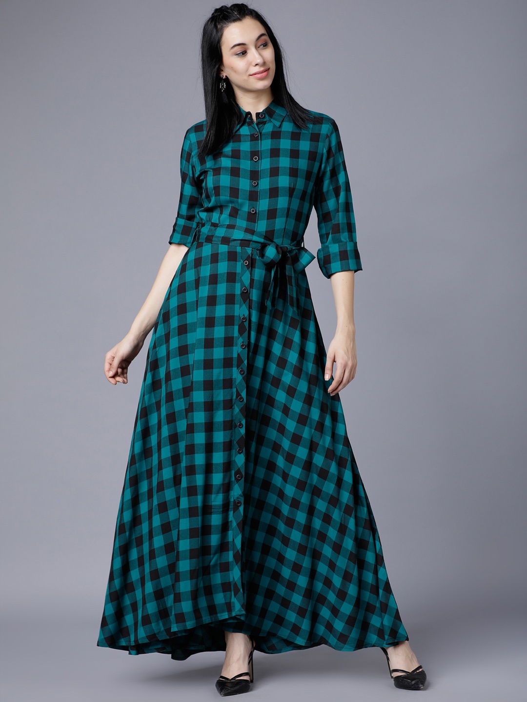 

Tokyo Talkies Women Green Checked Maxi Dress
